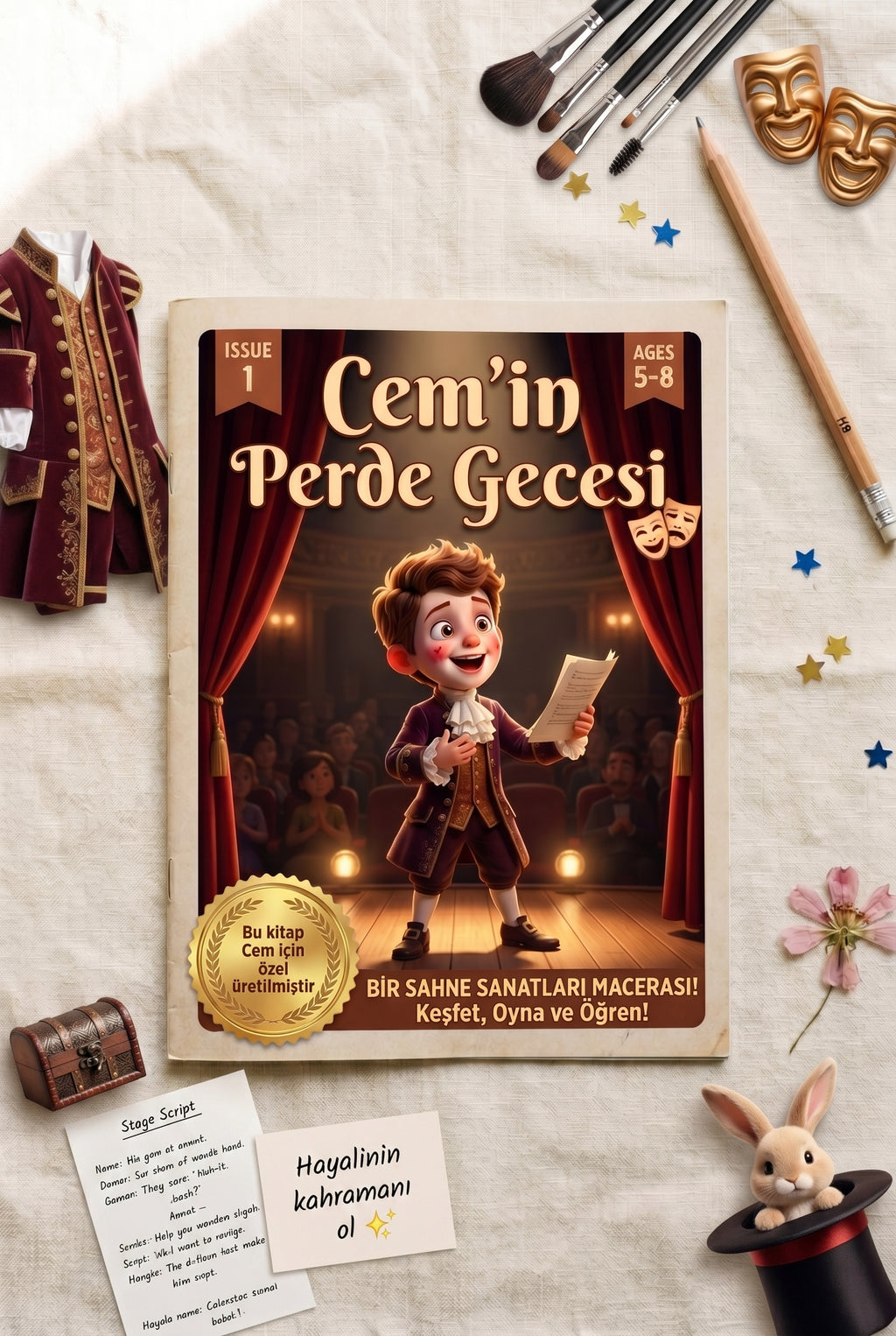 Cemin Perde Gecesi çocuk kitabı ve ahşap tiyatro oyuncakları ile düz zemin konsept çekimi