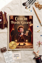 Cemin Perde Gecesi çocuk kitabı ve ahşap tiyatro oyuncakları ile düz zemin konsept çekimi