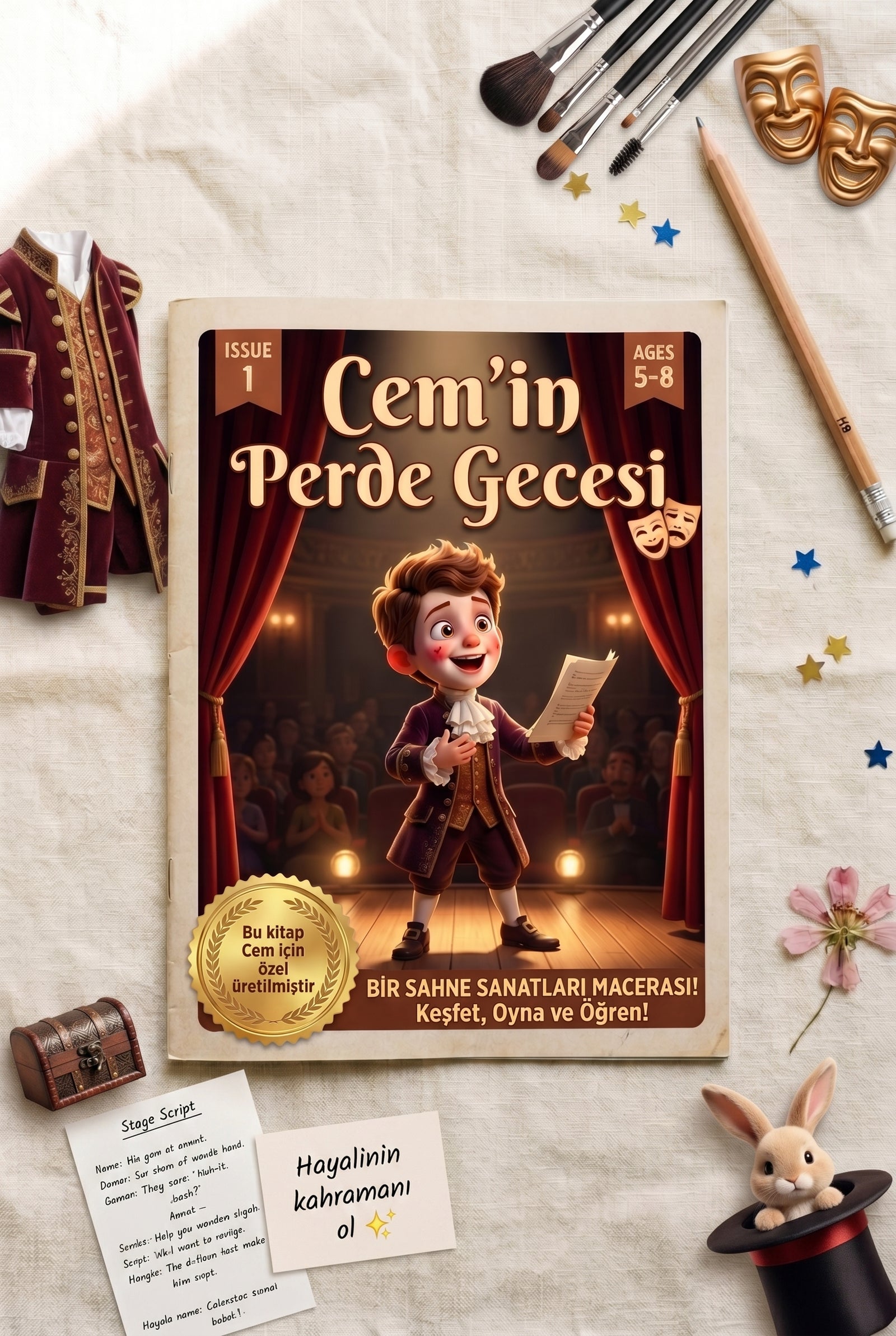 Cemin Perde Gecesi çocuk kitabı ve ahşap tiyatro oyuncakları ile düz zemin konsept çekimi