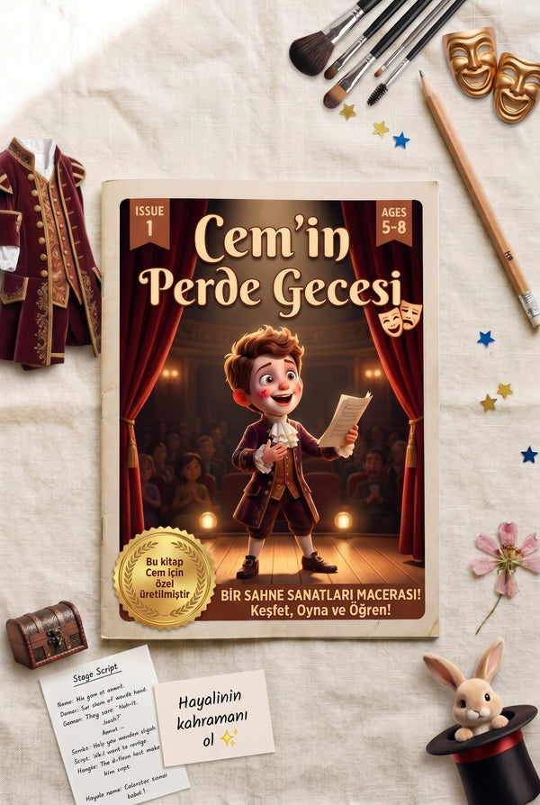 Cemin Perde Gecesi çocuk kitabı ve ahşap tiyatro oyuncakları ile düz zemin konsept çekimi