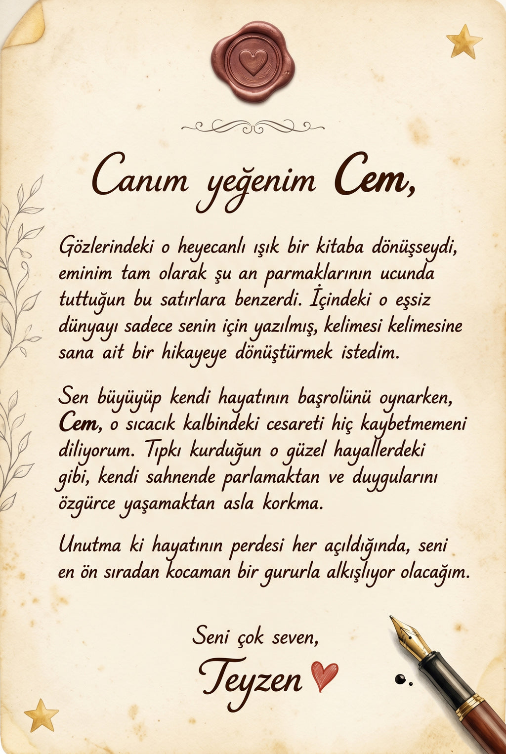 Kitabın ilk sayfasında yer alan ebeveynden çocuğa yazılmış duygu dolu kişiye özel hediye notu bölümü