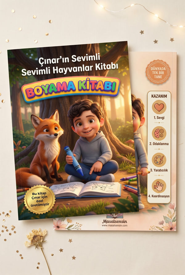 Sevimli hayvanlar boyama kitabının ön ve arka kapak tasarımı bir arada — yüksek kaliteli premium baskı ve A4 paperback formatı