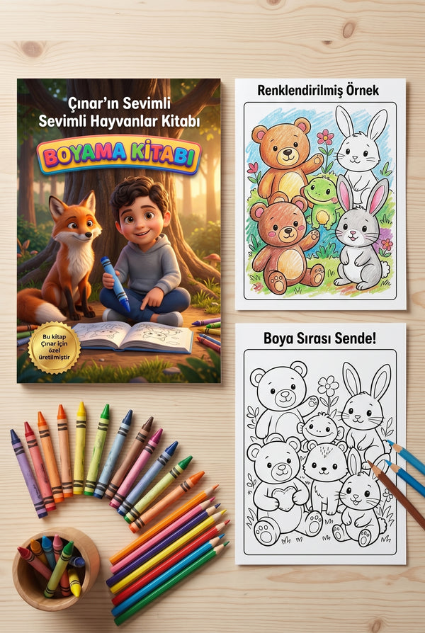 A4 ebatlı kişiye özel boyama kitabı, etrafında renkli kalemler ve fırçalarla estetik bir masaüstü flat lay çekimi