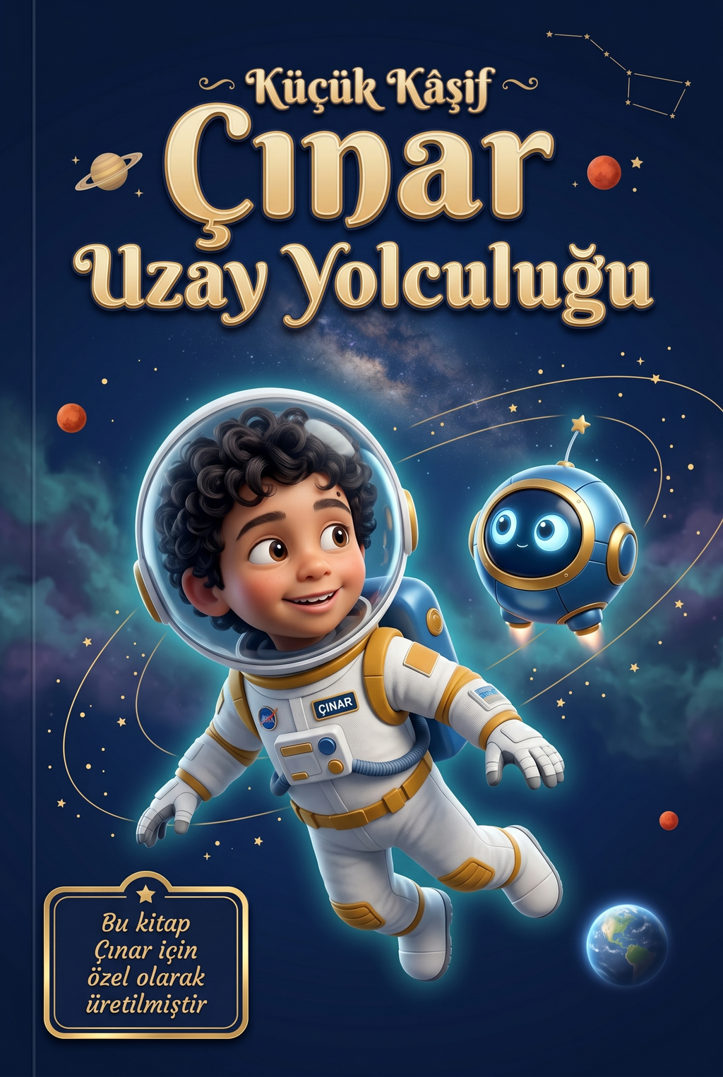 Çınar'ın Uzay Yolculuğu kişiye özel çocuk kitabının ön kapağı, Çınar ismine özel astronot illüstrasyonu ile.