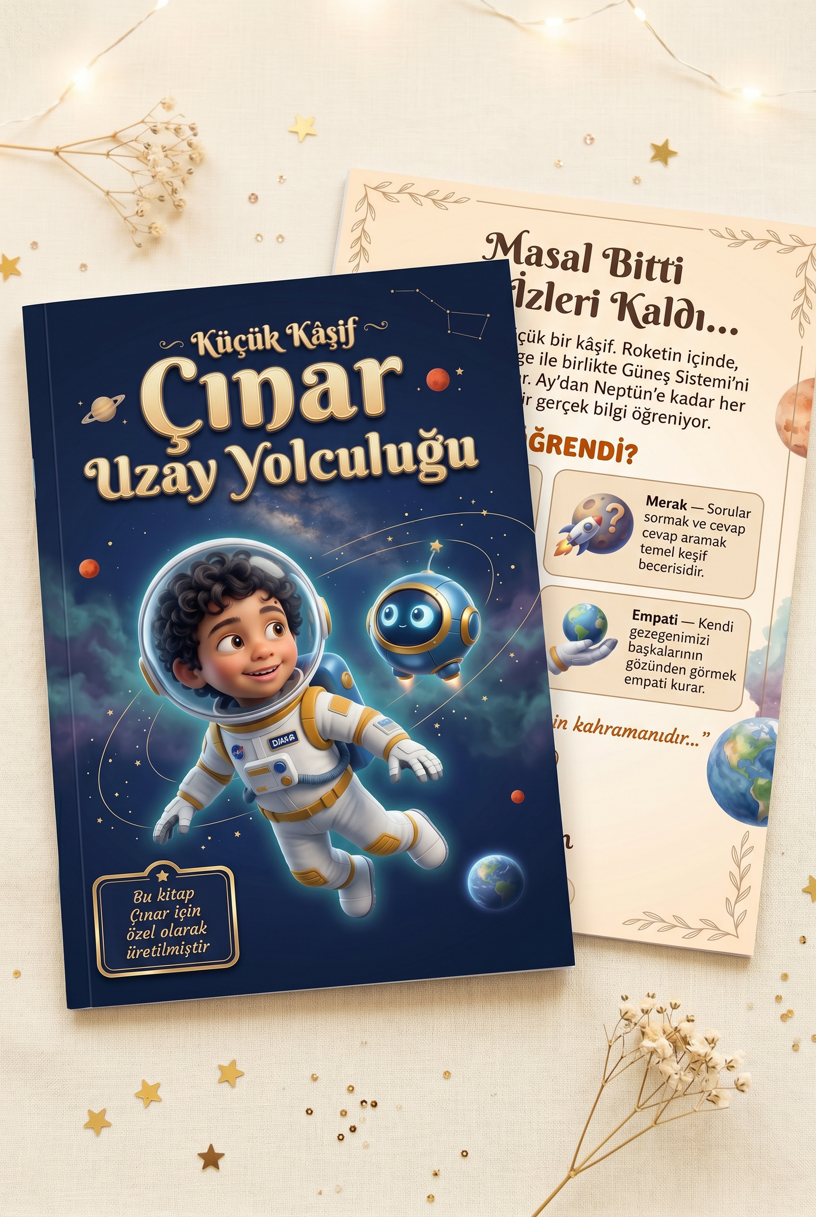 Çınar'ın kişiye özel uzay temalı çocuk kitabının A4 boyutundaki ön ve arka kapakları yan yana sergileniyor.