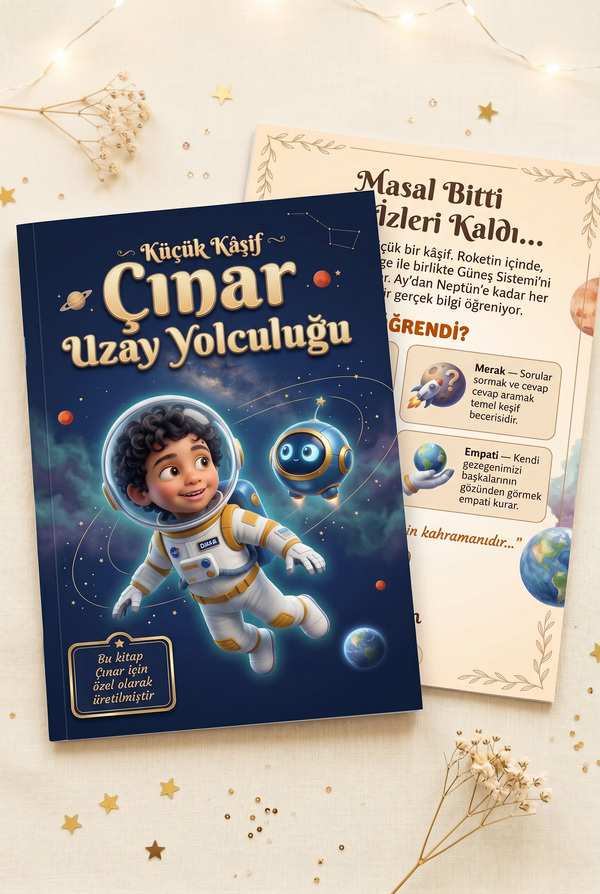 Çınar'ın kişiye özel uzay temalı çocuk kitabının A4 boyutundaki ön ve arka kapakları yan yana sergileniyor.