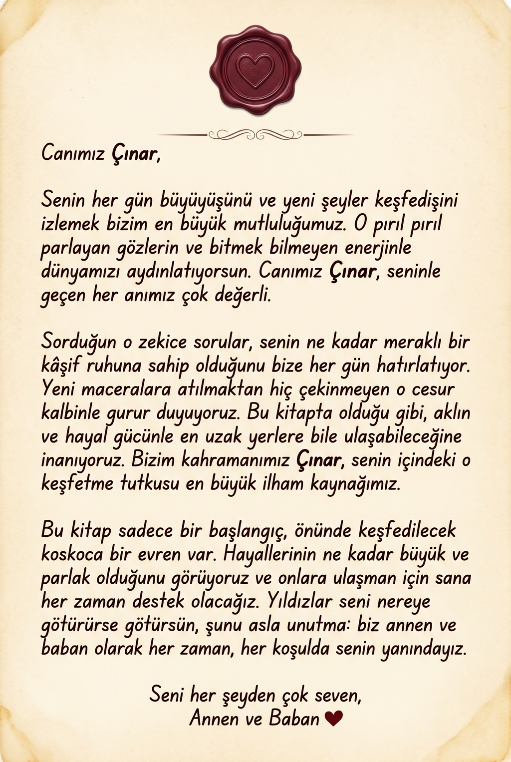 Çınar için kişiselleştirilmiş kitabın içindeki 'Seni çok seven dedenden' yazılı özel ithaf ve not sayfası.