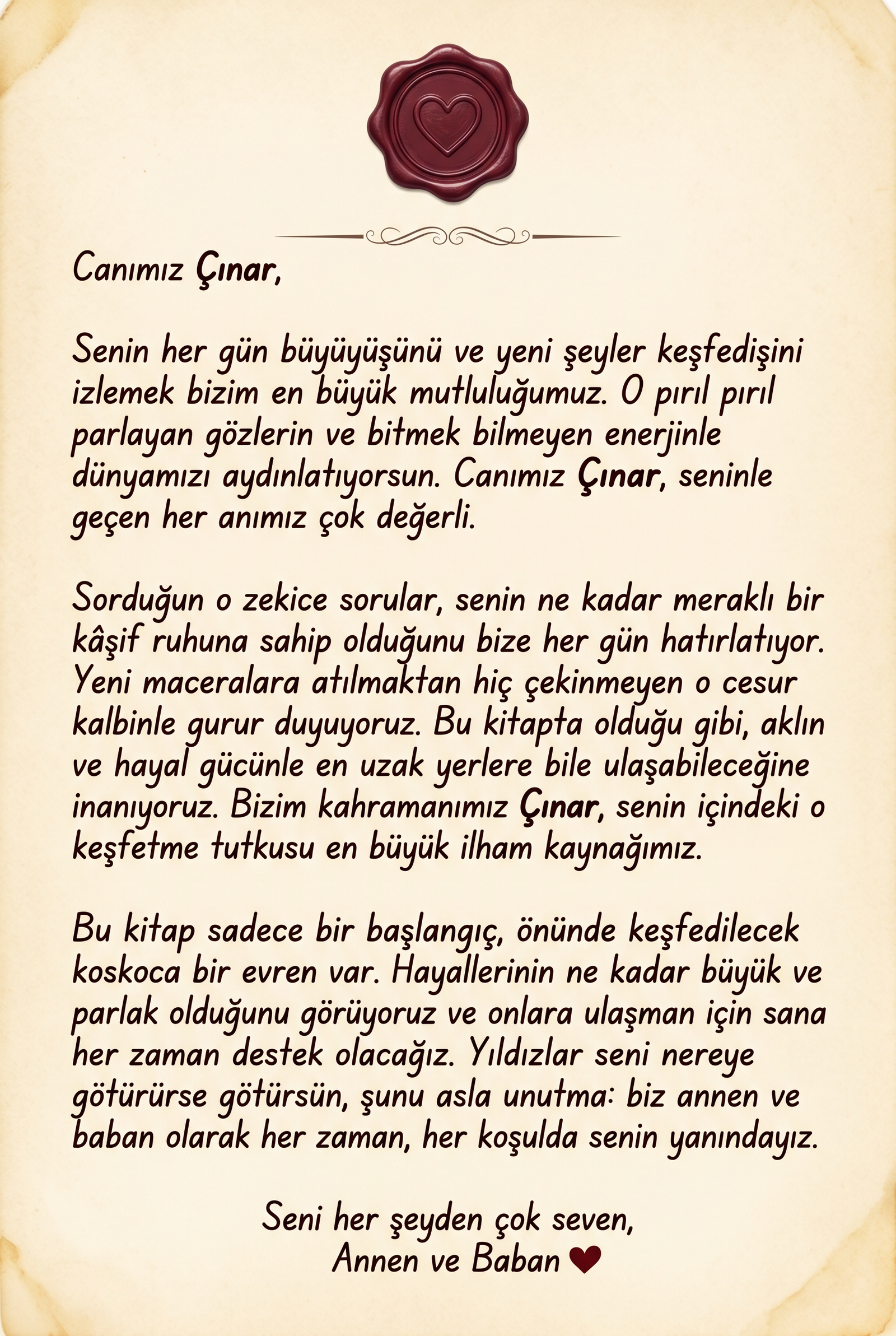 Çınar için kişiselleştirilmiş kitabın içindeki 'Seni çok seven dedenden' yazılı özel ithaf ve not sayfası.
