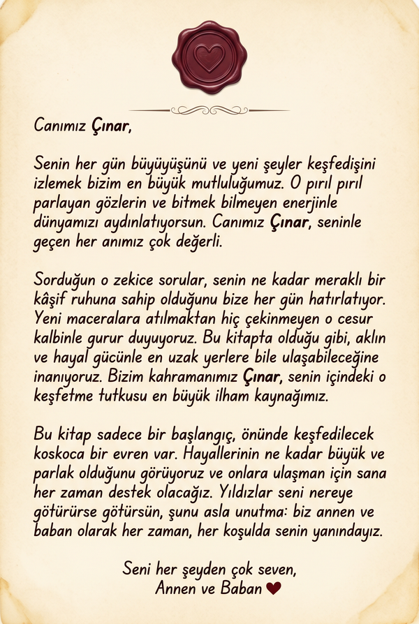 Çınar için kişiselleştirilmiş kitabın içindeki 'Seni çok seven dedenden' yazılı özel ithaf ve not sayfası.