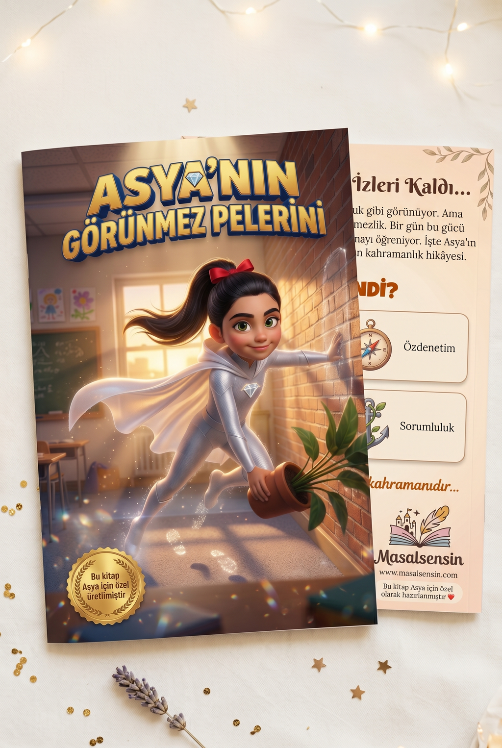 Asya kişiye özel süper kahraman kitabı — ön ve arka kapak birlikte