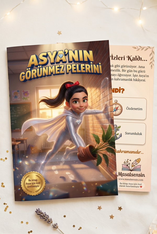 Asya kişiye özel süper kahraman kitabı — ön ve arka kapak birlikte