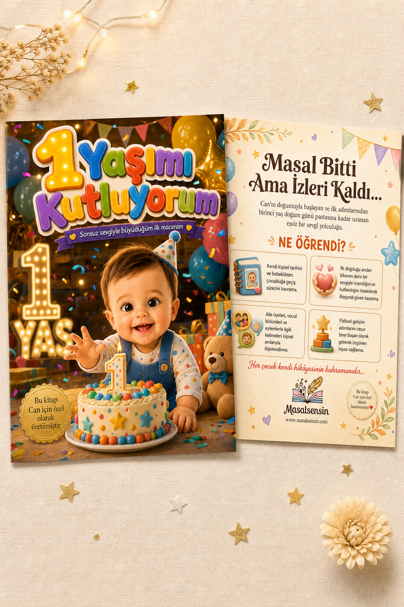 Can'ın İlk Yaş Serüveni kişiye özel masal kitabı ön ve arka kapağının dergi formunda A4 görünümü