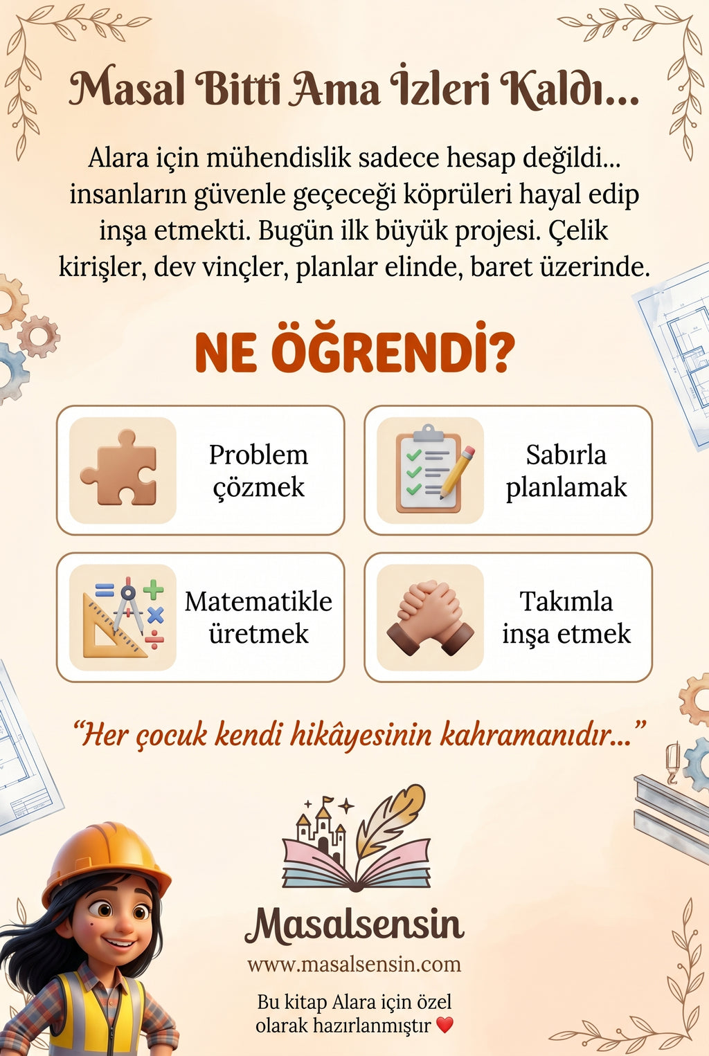 Alara isimli meslek kitabının arka kapağı — problem çözme ve ekip çalışması pedagojik kazanımları.