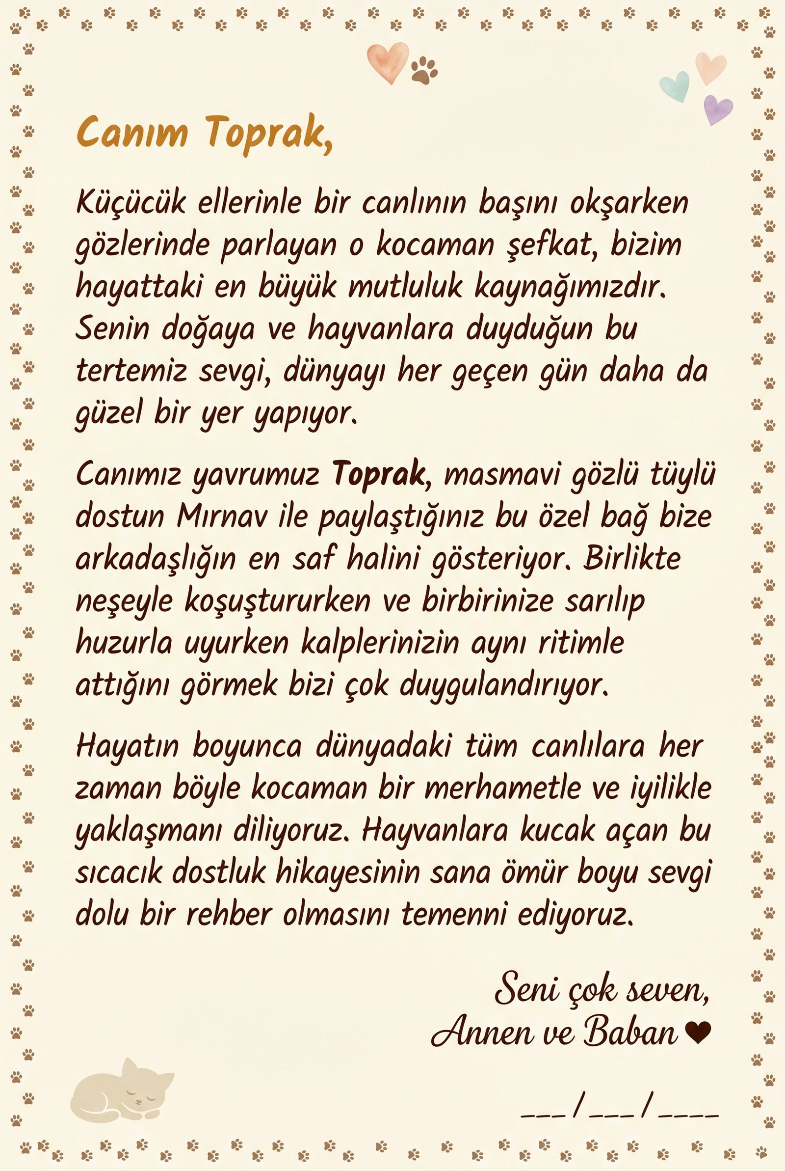 Toprak'nın kitabının ilk sayfasındaki anne-baba notu.