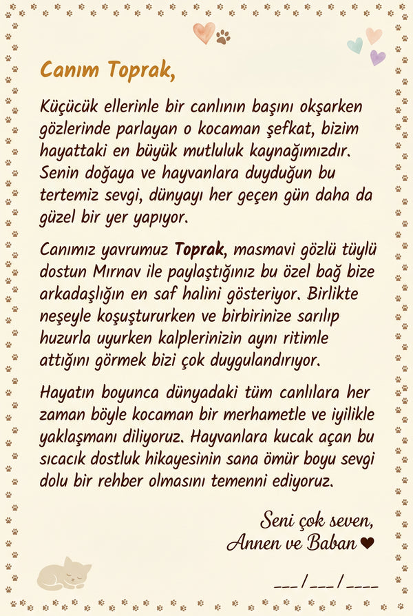 Toprak'nın kitabının ilk sayfasındaki anne-baba notu.