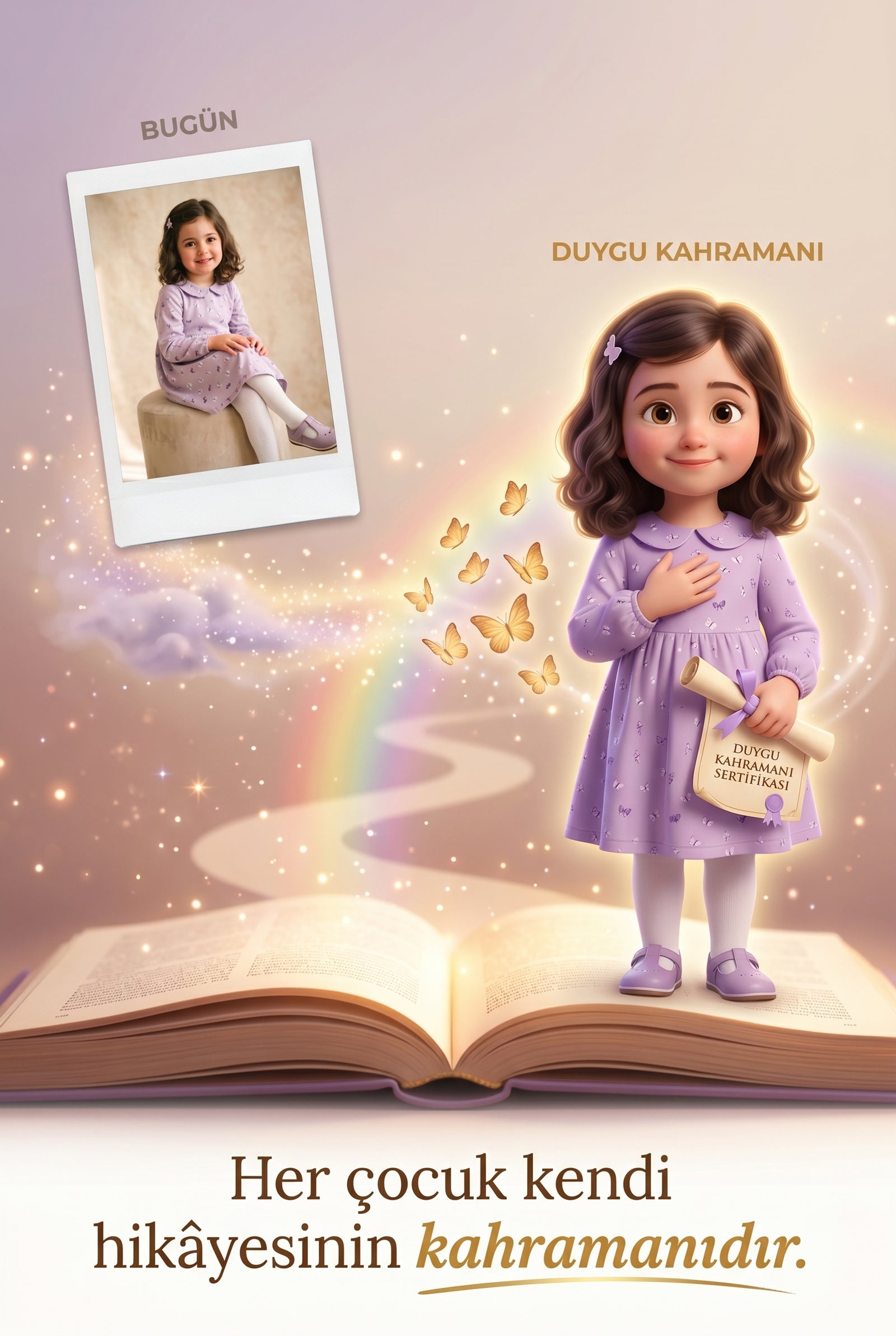 Çocuğun gerçek fotoğrafından Pixar 3D duygu kahramanı karakterine dönüşüm.