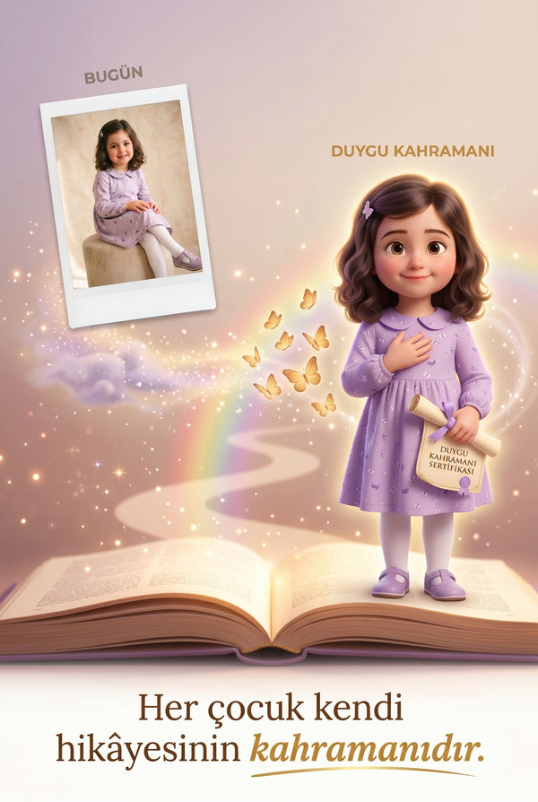 Çocuğun gerçek fotoğrafından Pixar 3D duygu kahramanı karakterine dönüşüm.