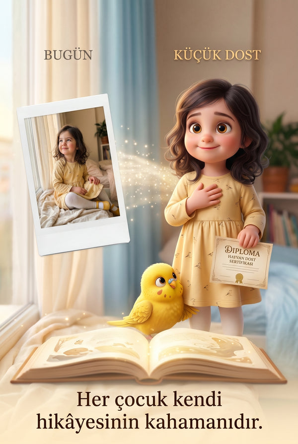 Çocuğun gerçek fotoğrafından Pixar 3D karakterine dönüşüm.