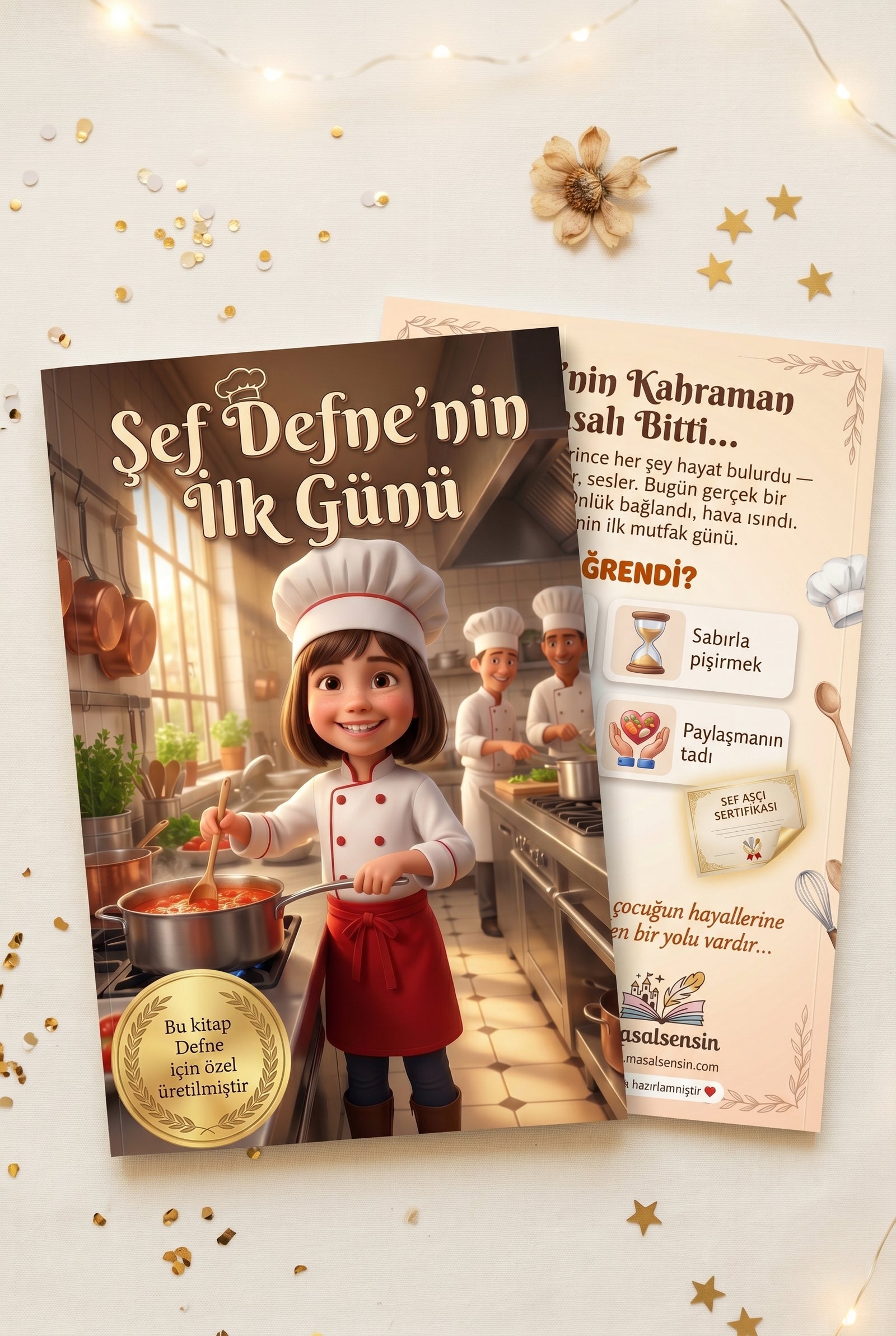 Şef Defne'nin kişiye özel hikaye kitabı ön ve arka kapak bir arada — magazine format A4 paperback