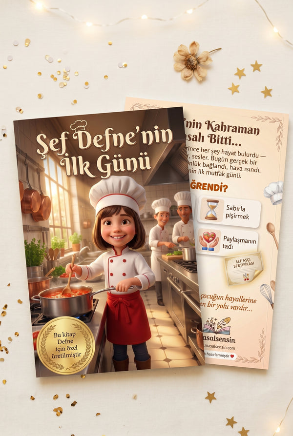 Şef Defne'nin kişiye özel hikaye kitabı ön ve arka kapak bir arada — magazine format A4 paperback
