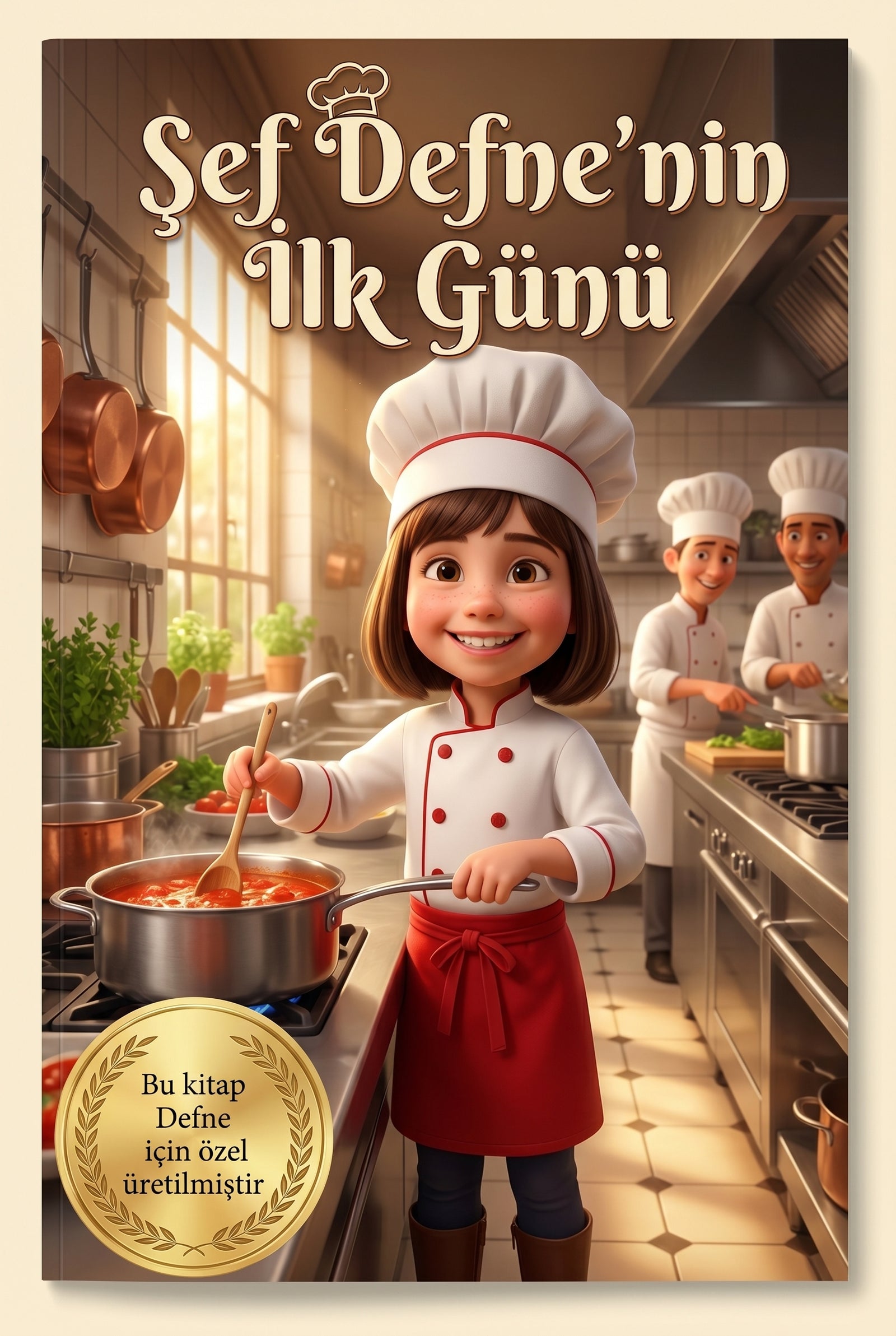 Şef Defne'nin İlk Günü kişiye özel çocuk kitabı ön kapağı mutfak temalı Pixar 3D illüstrasyon