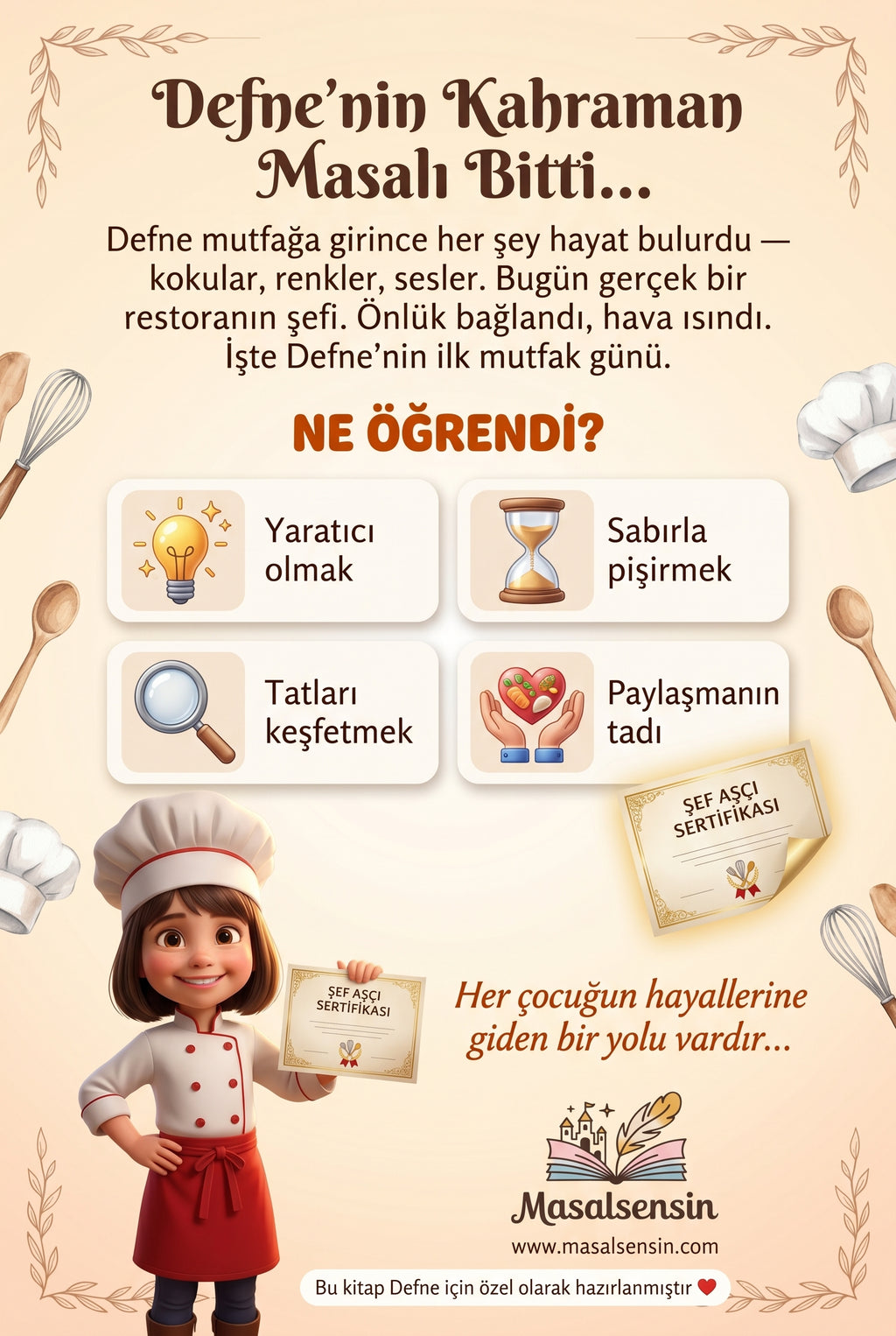 Şef Defne isimli kitabın arka kapağı — yaratıcılık ve takım çalışması kazanımları içeren özet