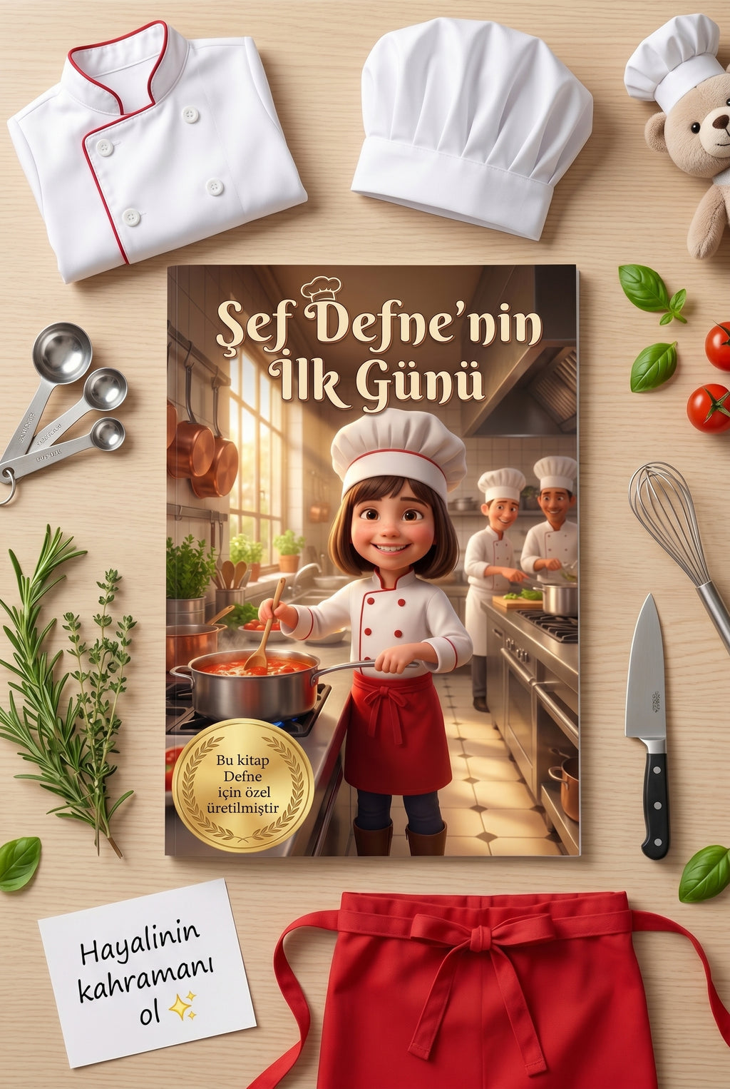 Mutfak tezgahında duran Şef Defne kişiye özel kitabı — doğum günü hediyesi çocuk konsepti