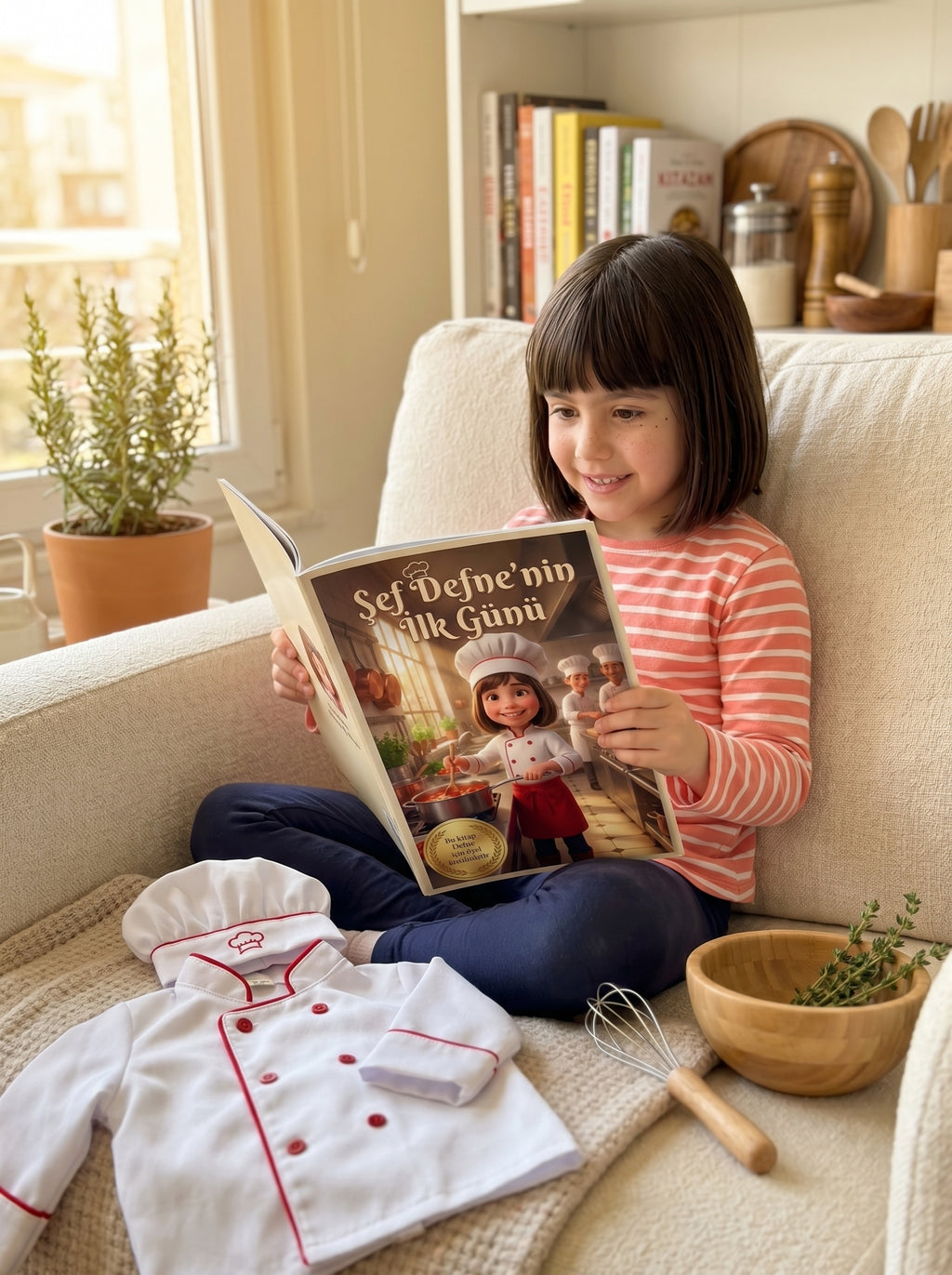 Defne uyumadan önce kendi adının yazılı olduğu şef masalını okurken — bedtime reading anı