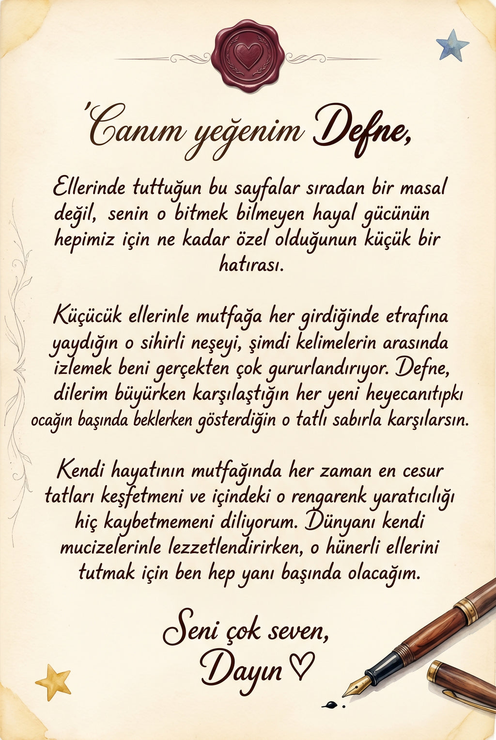 Kitabın içindeki kişiye özel hediye notu sayfası — çocuğun adına özel sevgi dolu mesaj alanı