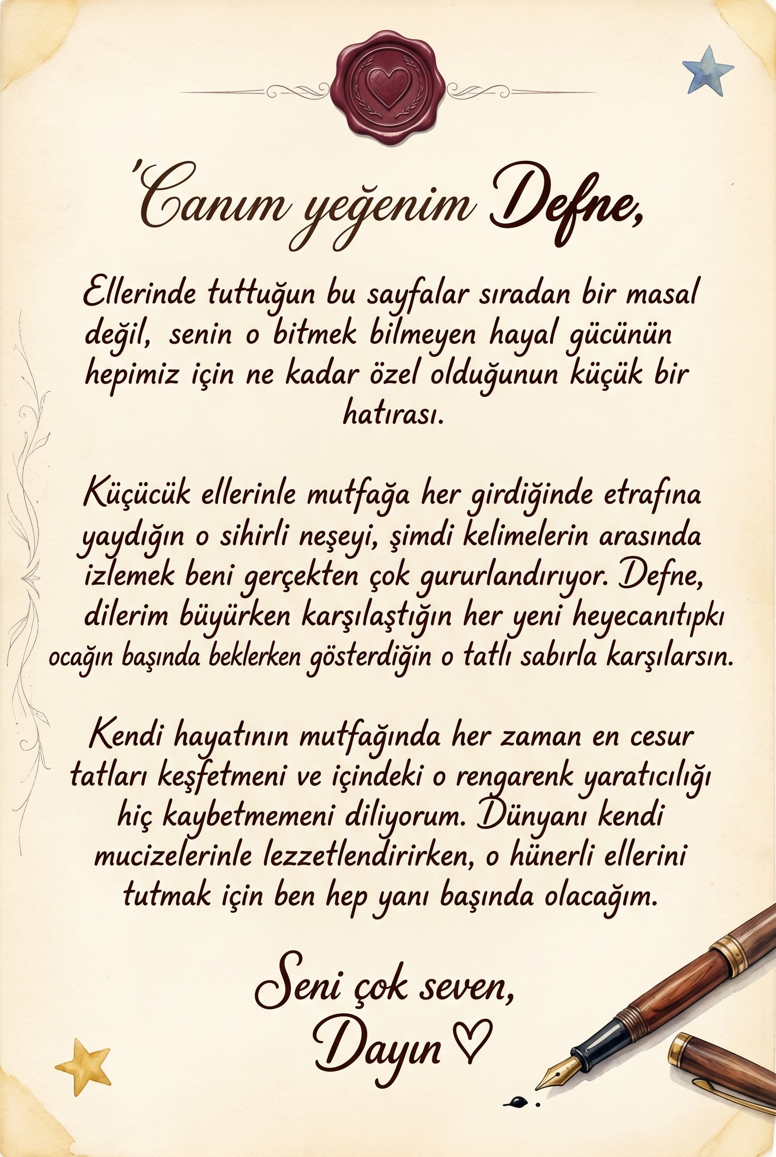 Kitabın içindeki kişiye özel hediye notu sayfası — çocuğun adına özel sevgi dolu mesaj alanı