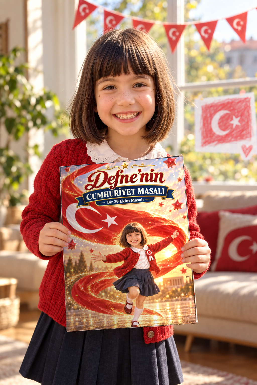 Defne kendi adının yazılı olduğu Defne'nin Cumhuriyet Masalı kitabını gösteriyor