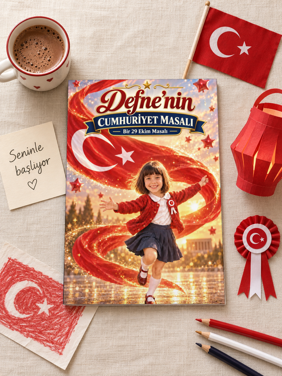 Defne'nin Cumhuriyet Masalı kişiye özel kitap, bayrak ve fenerle masa üstü görünüm