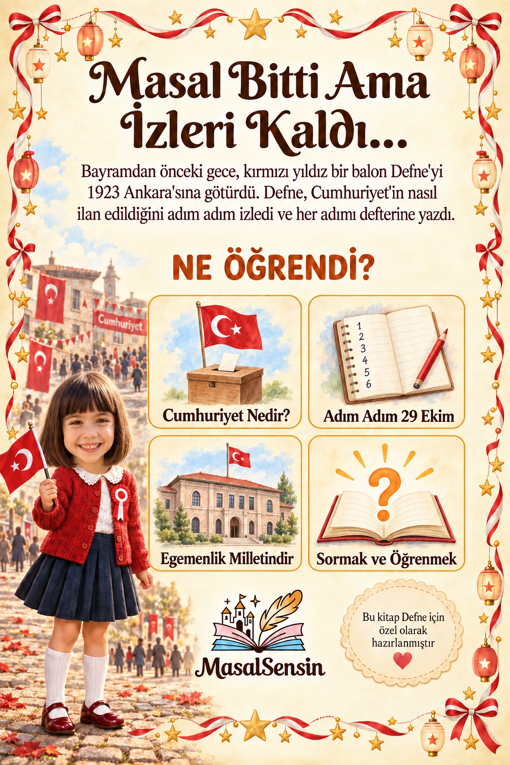 Defne'nin Cumhuriyet Masalı arka kapak: Masal Bitti Ama İzleri Kaldı, Cumhuriyet'in nasıl ilan edildiği