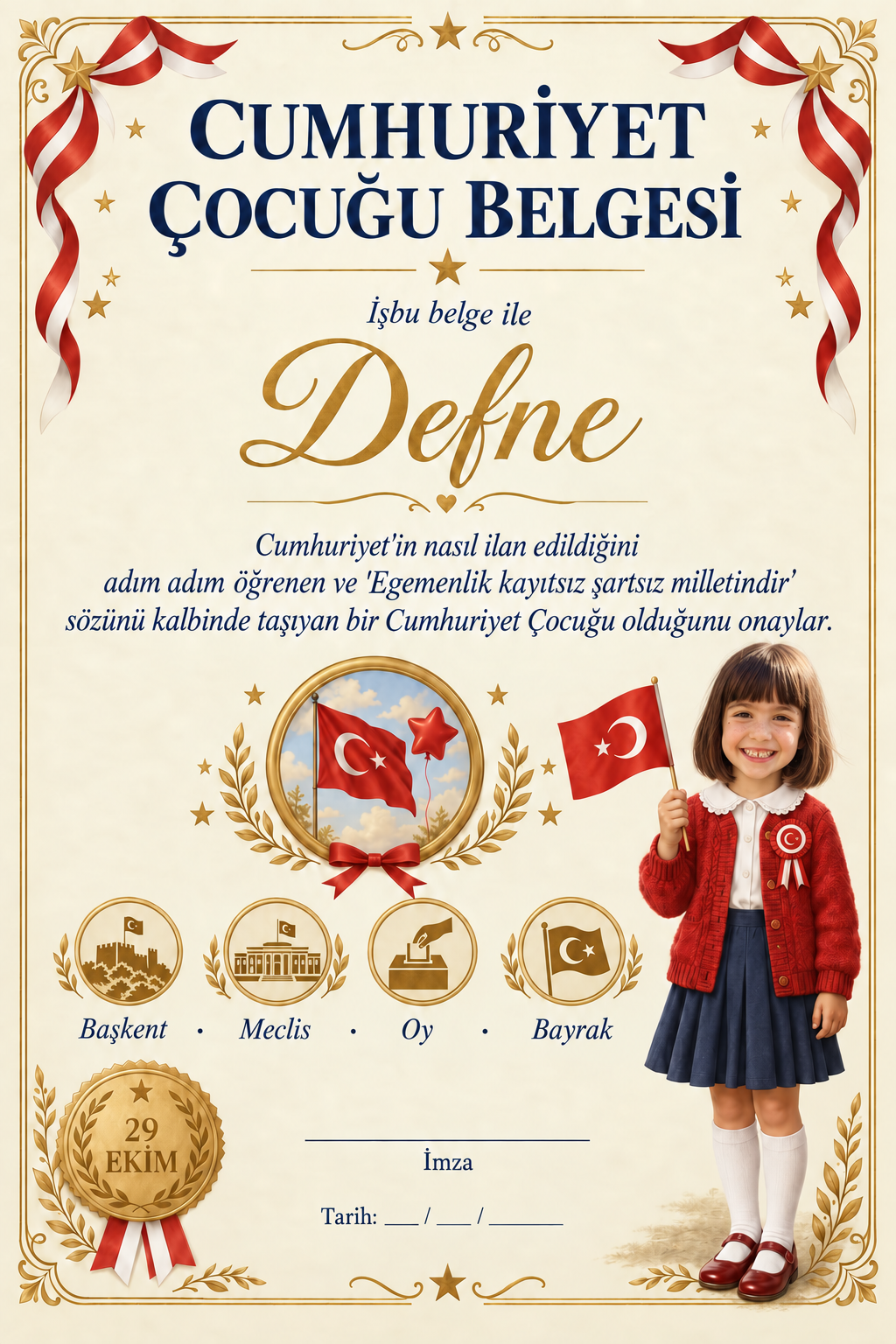 Defne'nin Cumhuriyet Masalı kişiye özel Cumhuriyet Çocuğu Belgesi