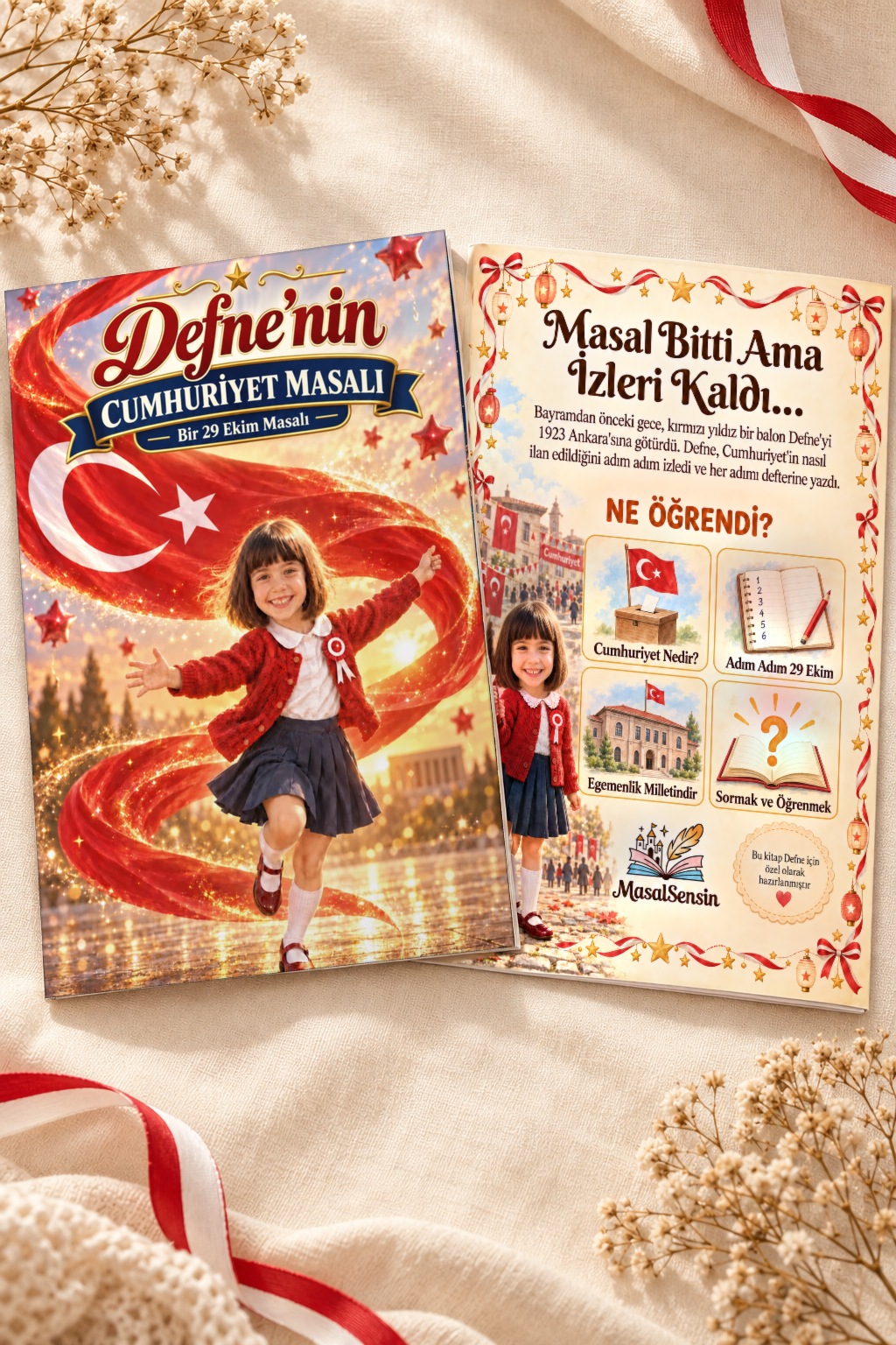 Defne'nin Cumhuriyet Masalı ince yumuşak kapaklı kitabın ön ve arka kapağı