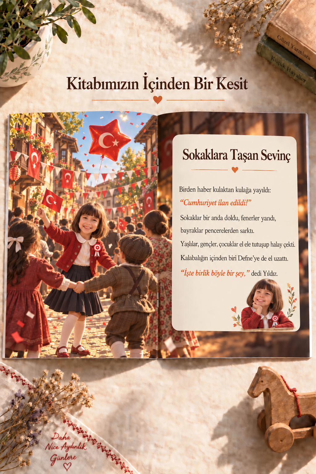 Defne'nin Cumhuriyet Masalı kitabının içinden bir kesit: Sokaklara Taşan Sevinç sayfası