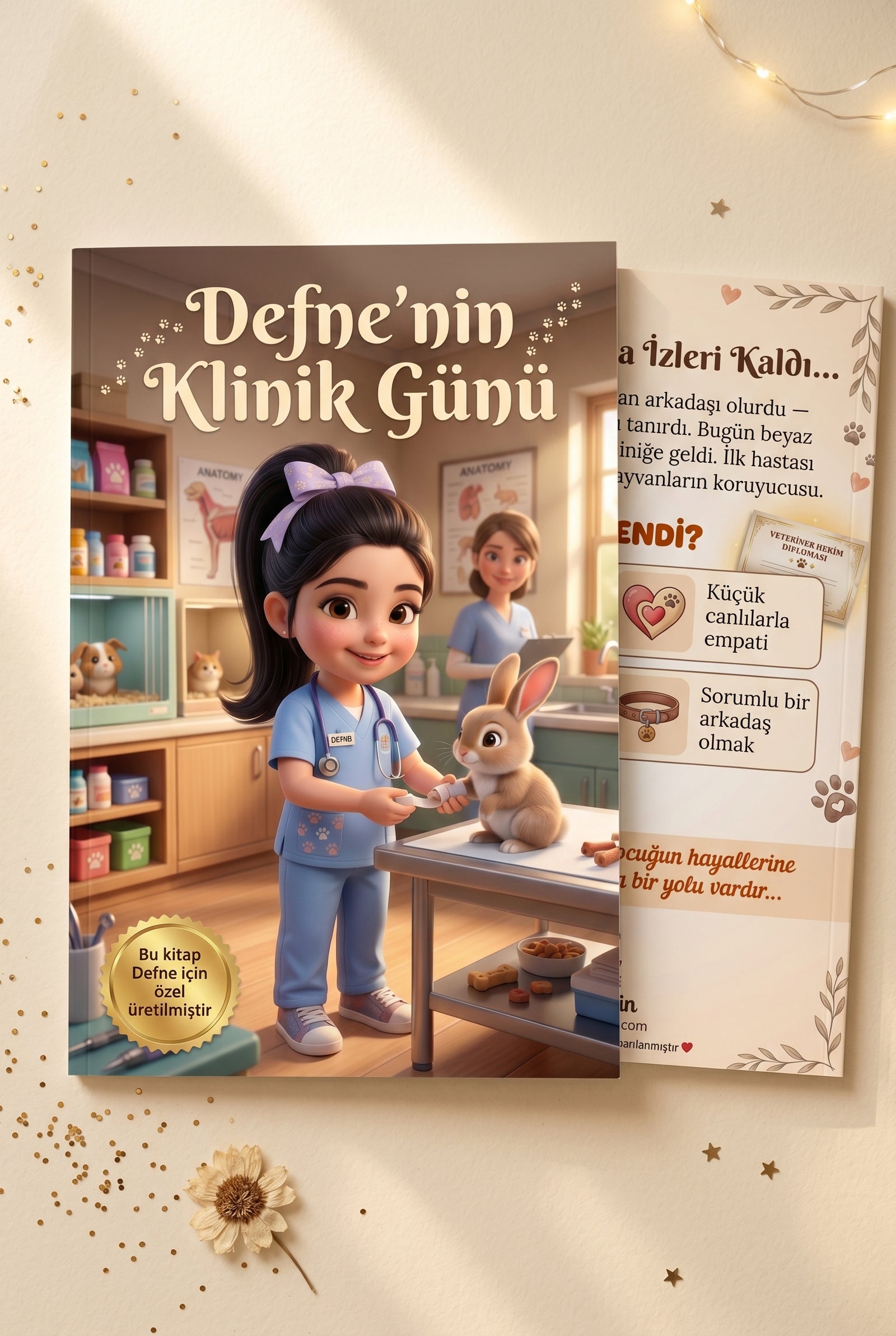 Defne'nin kişiye özel kitabı ön ve arka kapak birlikte — yüksek baskı kalitesine sahip çocuk hediyesi