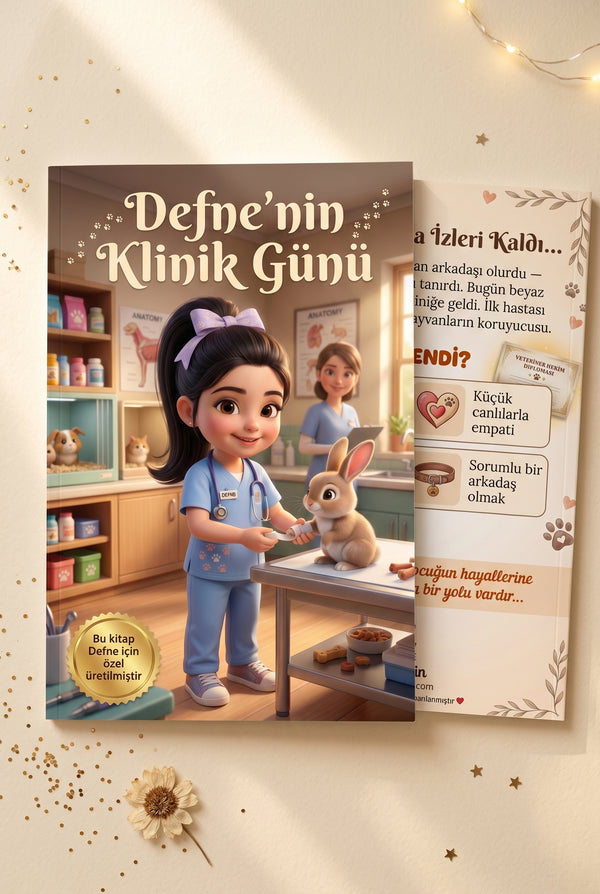 Defne'nin kişiye özel kitabı ön ve arka kapak birlikte — yüksek baskı kalitesine sahip çocuk hediyesi