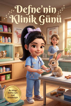 Defne'nin Klinik Günü kişiye özel çocuk kitabı ön kapağı, veteriner temalı Pixar 3D illüstrasyon