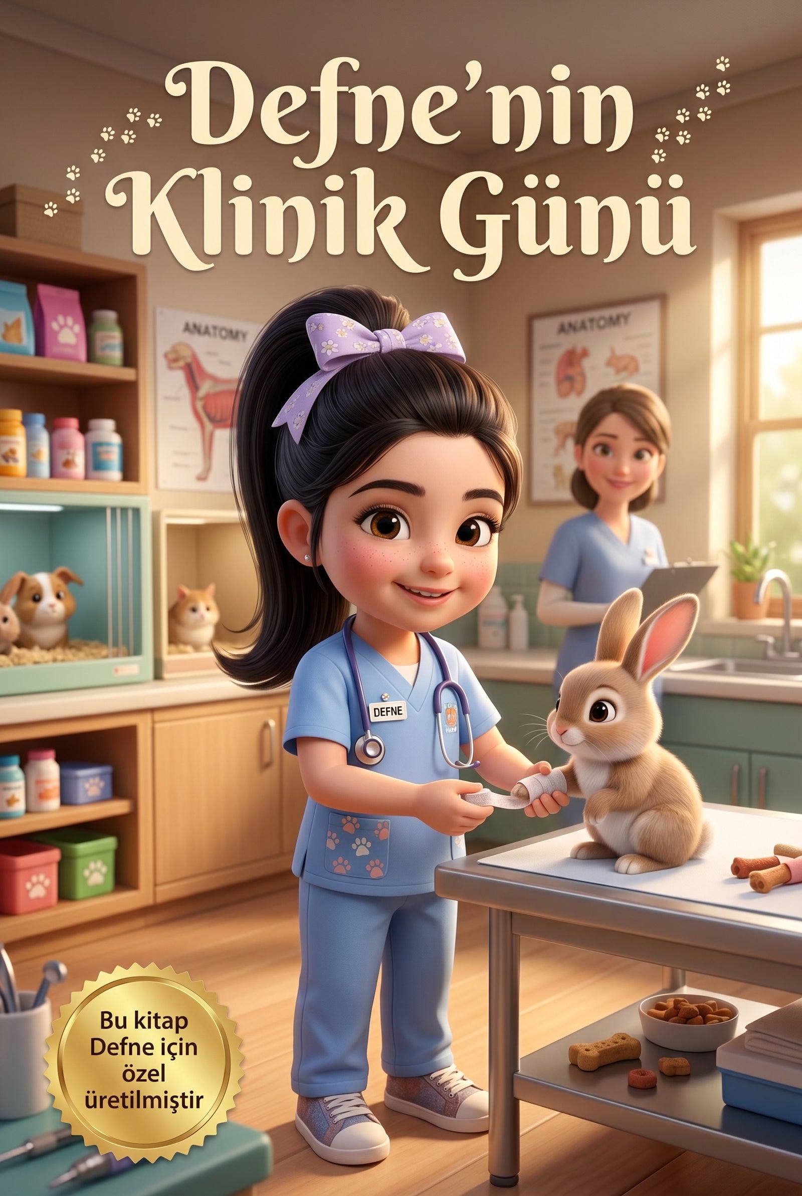 Defne'nin Klinik Günü kişiye özel çocuk kitabı ön kapağı, veteriner temalı Pixar 3D illüstrasyon