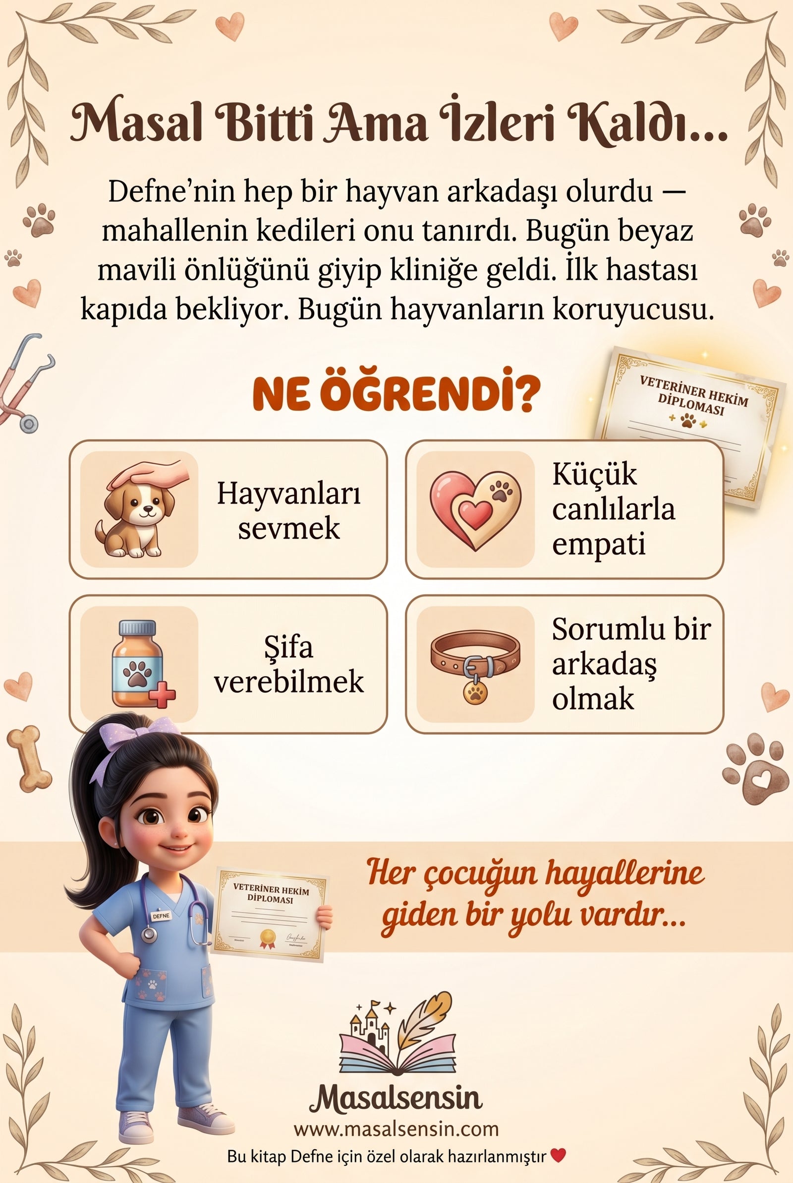 Defne isimli kitabın arka kapağı — duygusal empati ve sorumluluk bilinci kazanımları özeti