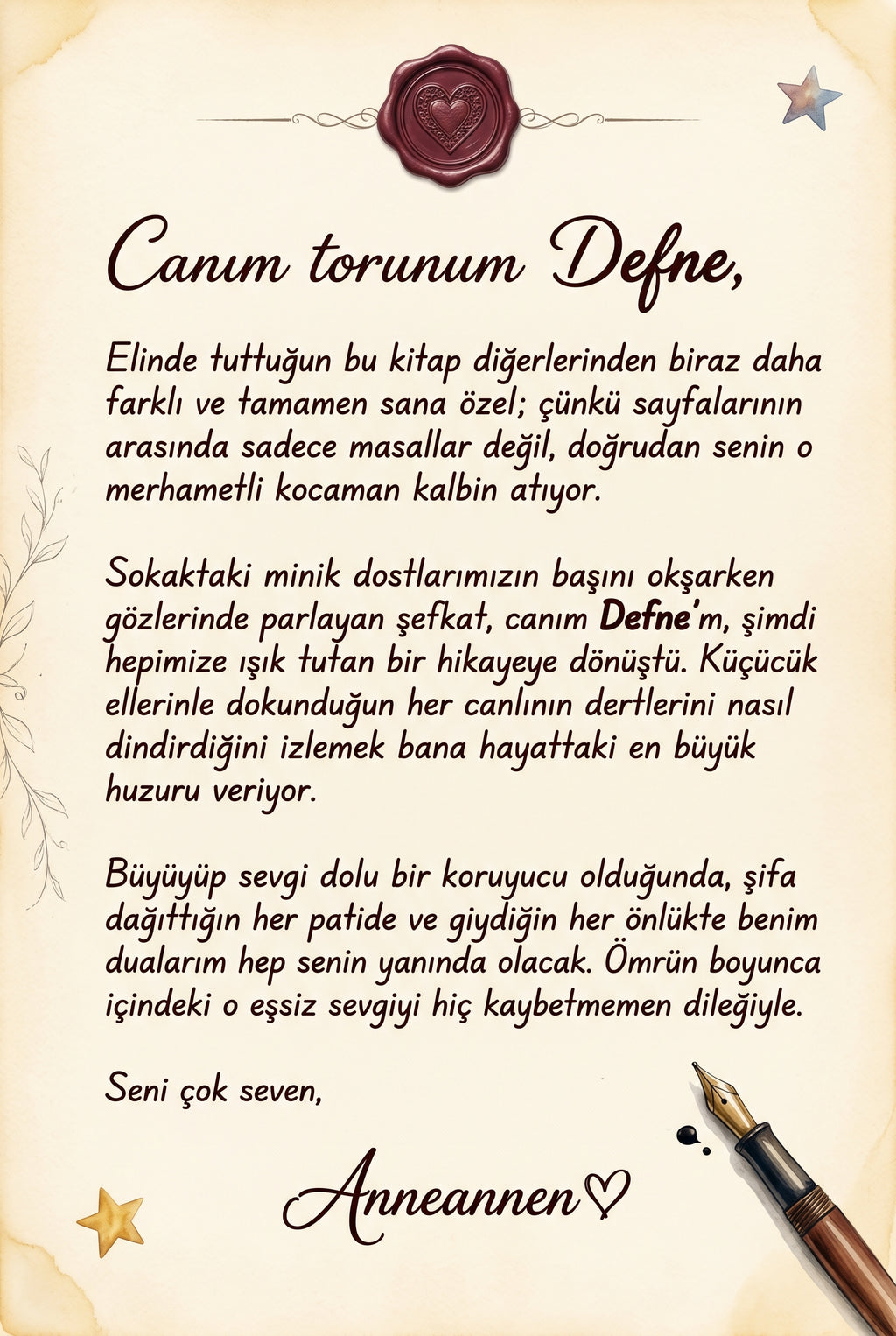 Hediye edenin ismini ve özel mesajını içeren, kişiye özel doğum günü tebrik ve ithaf sayfası