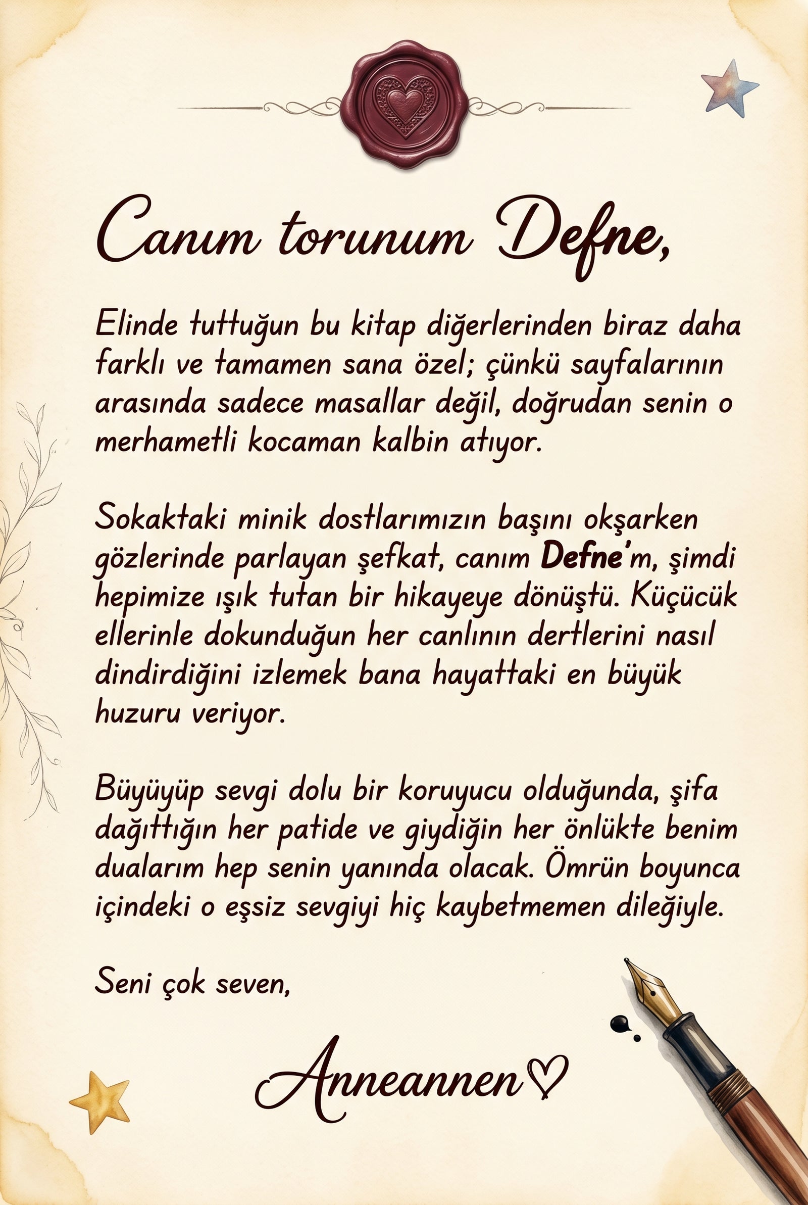 Hediye edenin ismini ve özel mesajını içeren, kişiye özel doğum günü tebrik ve ithaf sayfası