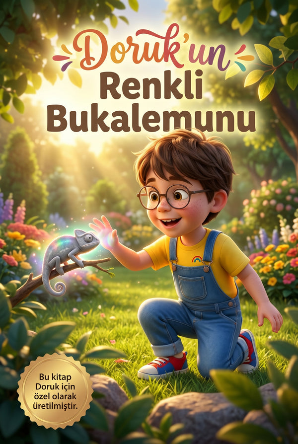 Doruk'un Renkli Bukalemunu isimli kişiye özel çocuk kitabı ön kapağı, Pixar 3D illüstrasyon