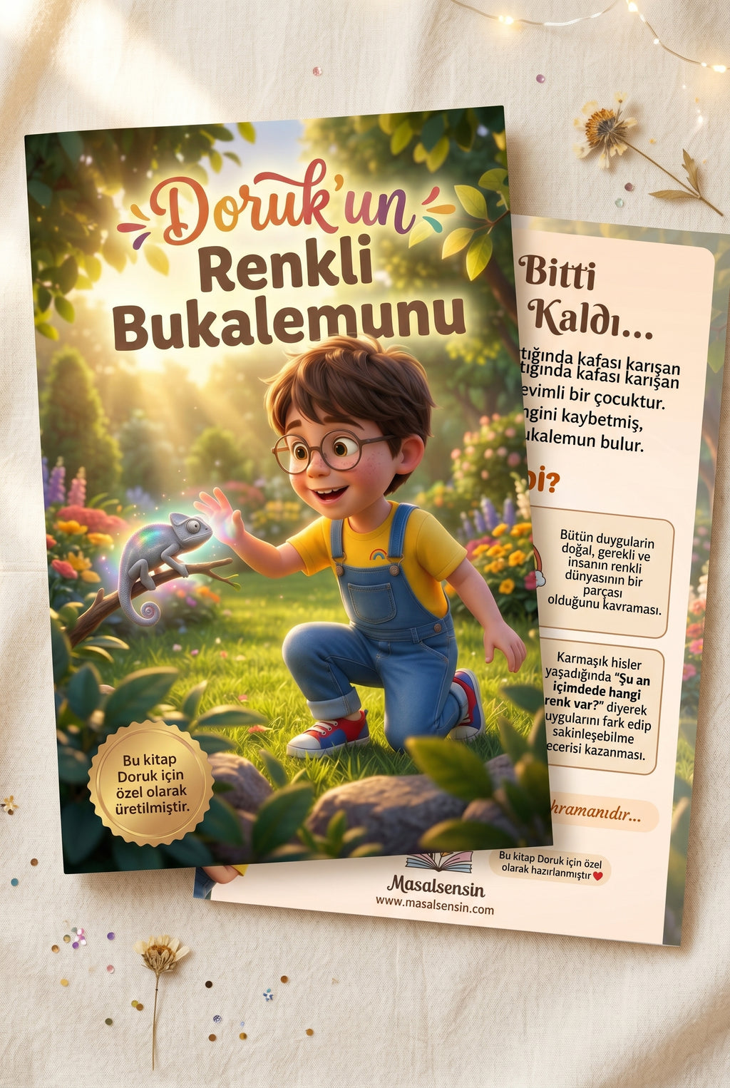 Doruk'un kişiye özel kitabı ön ve arka kapak birlikte — yüksek kalite A4 formatı