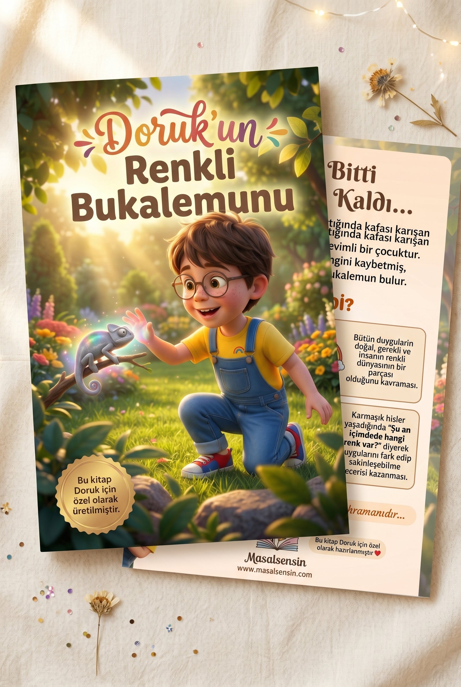 Doruk'un kişiye özel kitabı ön ve arka kapak birlikte — yüksek kalite A4 formatı