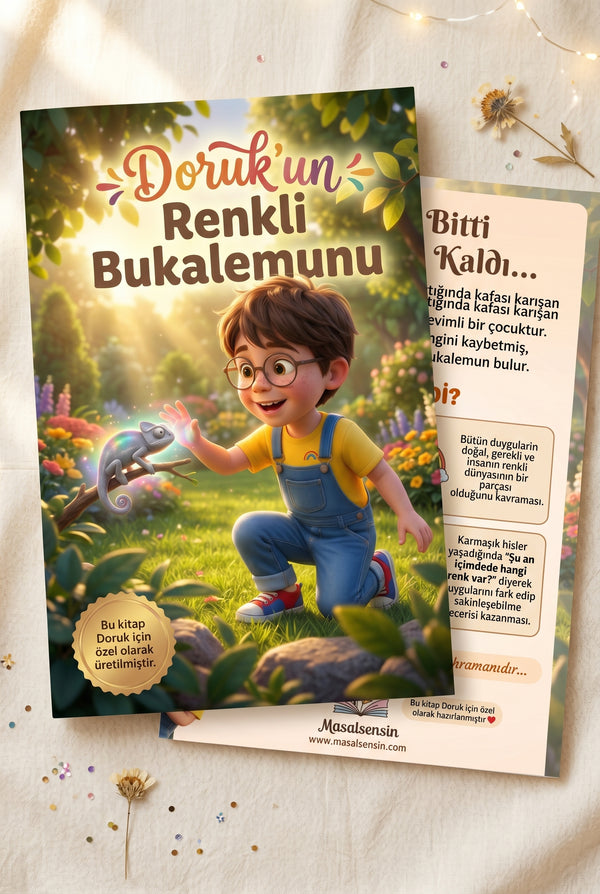Doruk'un kişiye özel kitabı ön ve arka kapak birlikte — yüksek kalite A4 formatı