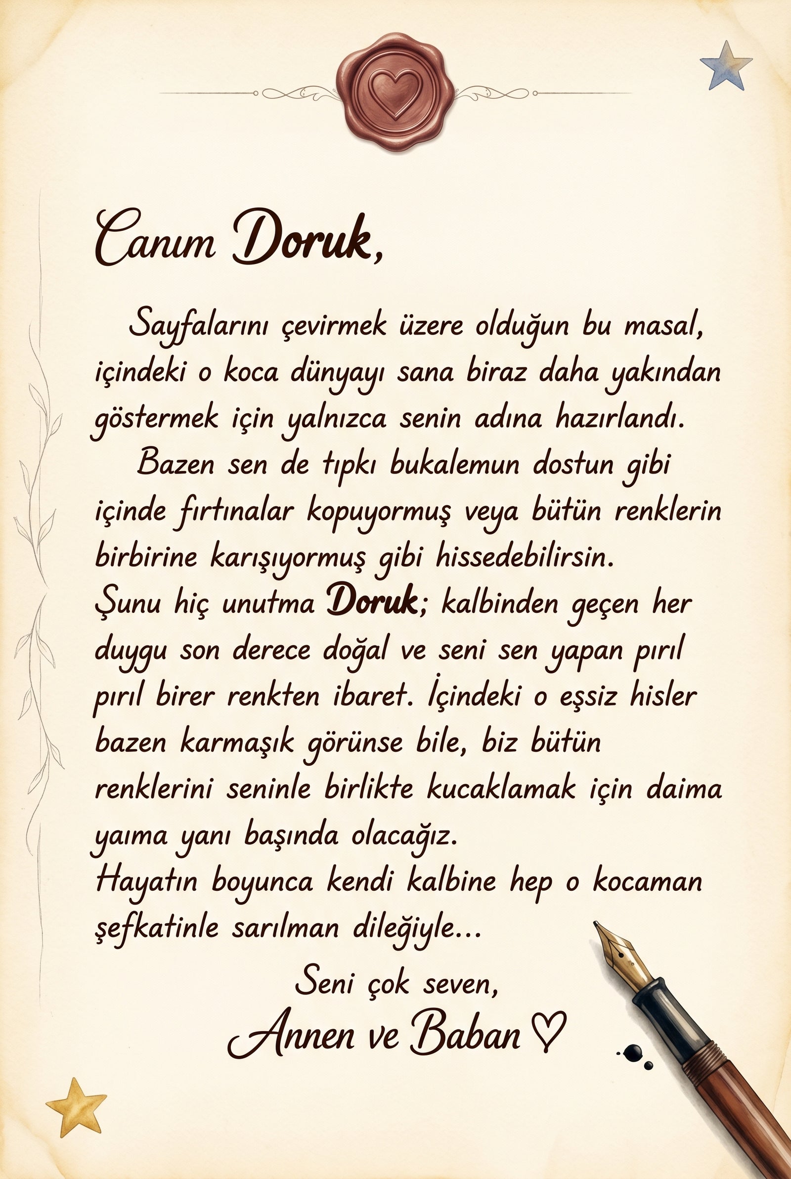 Hediye eden kişinin iyi dileklerini yazdığı duygu dolu isme özel masal kitabı not sayfası