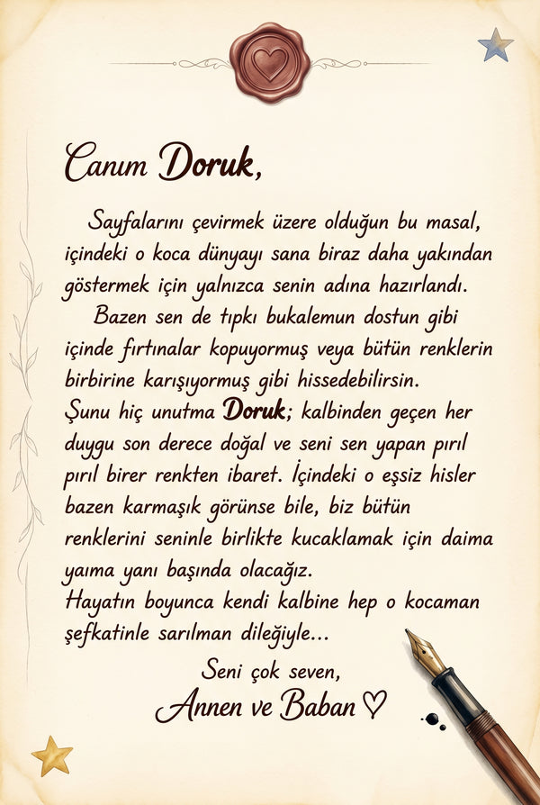 Hediye eden kişinin iyi dileklerini yazdığı duygu dolu isme özel masal kitabı not sayfası