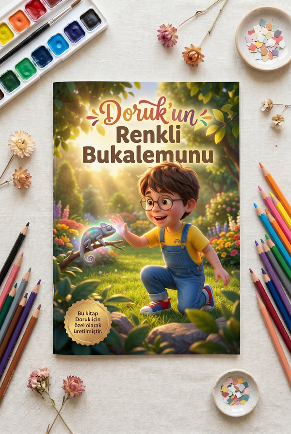 Kişiye özel duygu kontrolü kitabı yatay açık sayfa görünümü — yakut mağarası kırmızı renk sahnesi